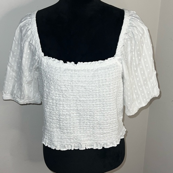 LOFT clipped smocked white square neck cotton top blouse Sz L - Picture 3 of 9